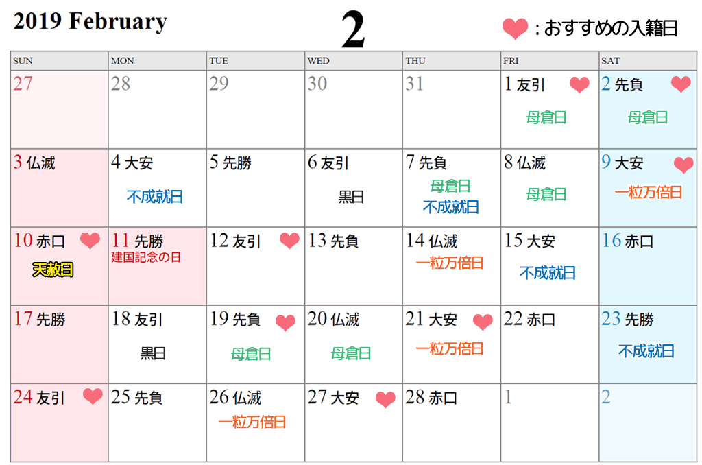 2019年2月の入籍日に縁起の良い日カレンダー