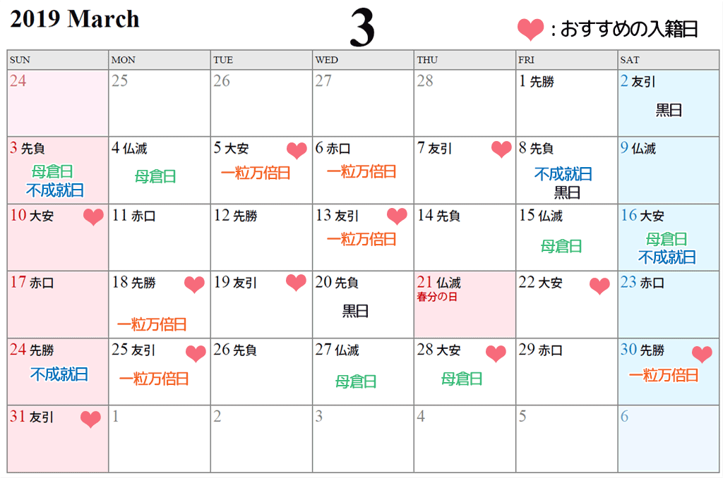 2019年3月の入籍日に縁起の良い日カレンダー