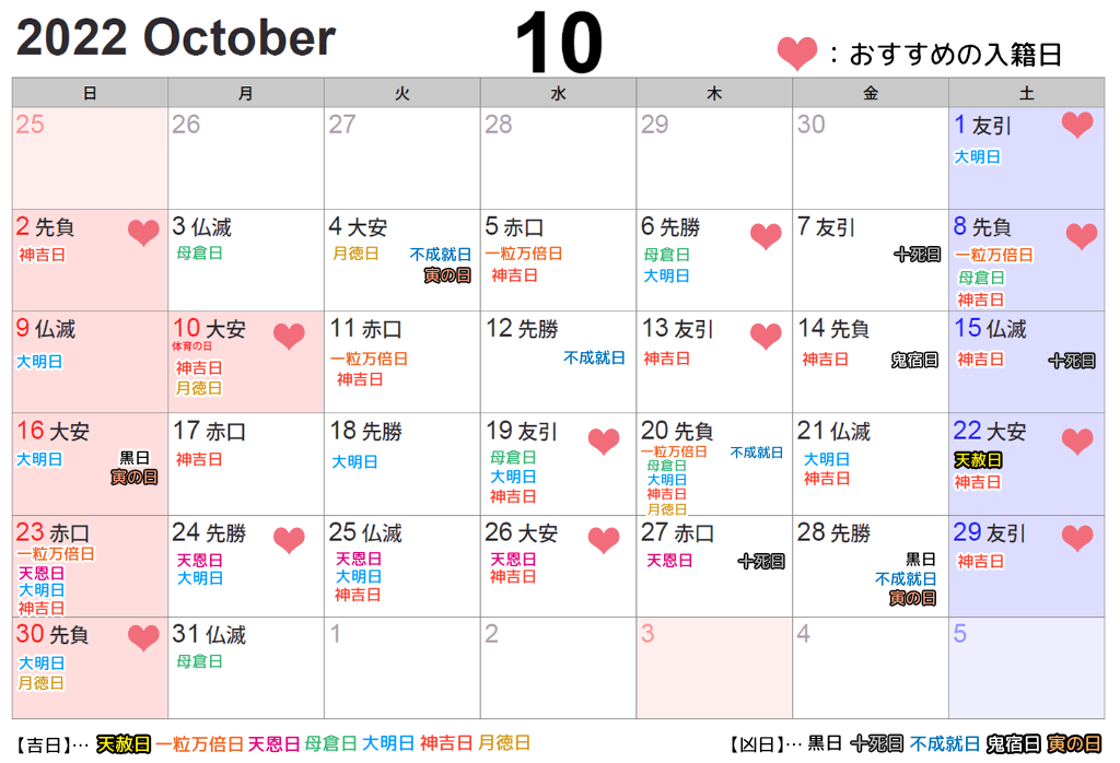 2022年10月入籍吉日・凶日カレンダー。縁起の良い日がひと目で分かる。
