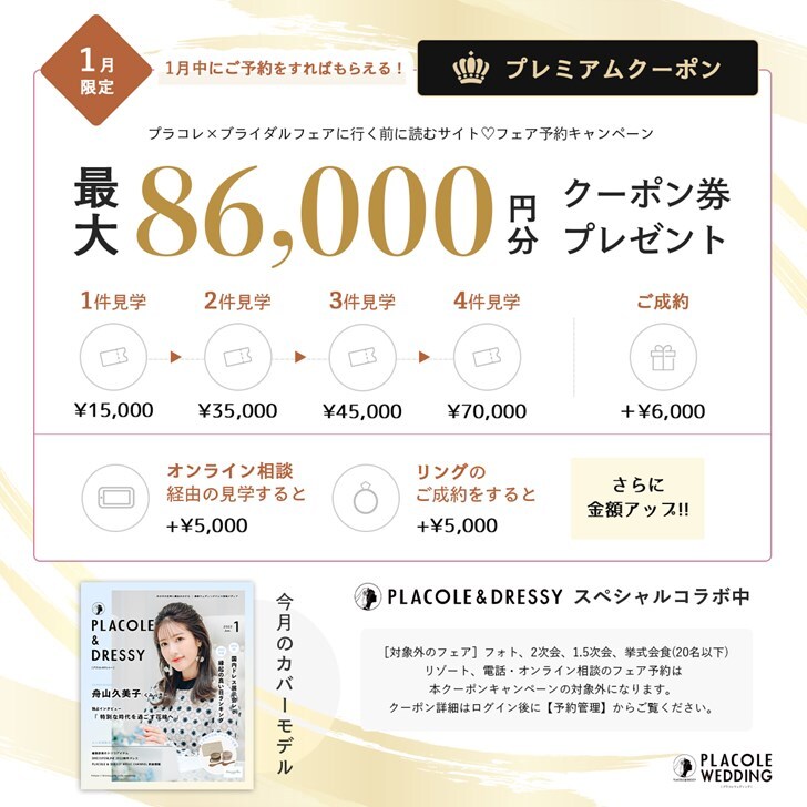 プラコレウエディング　2022年1月のタイアップキャンペーン最大で86,000円分のクーポンがもらえる！