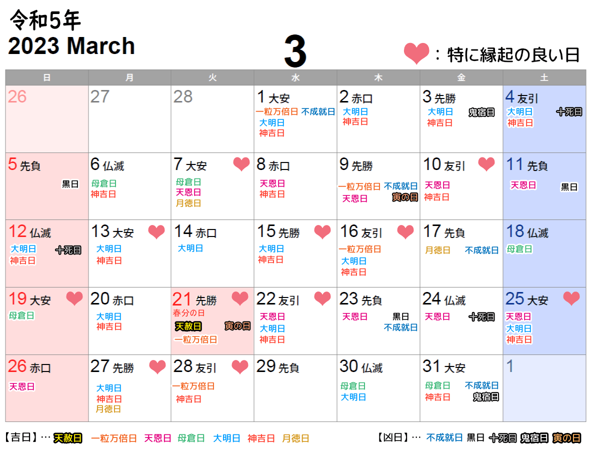2023年3月挙式日としてオススメの縁起の良い日カレンダー