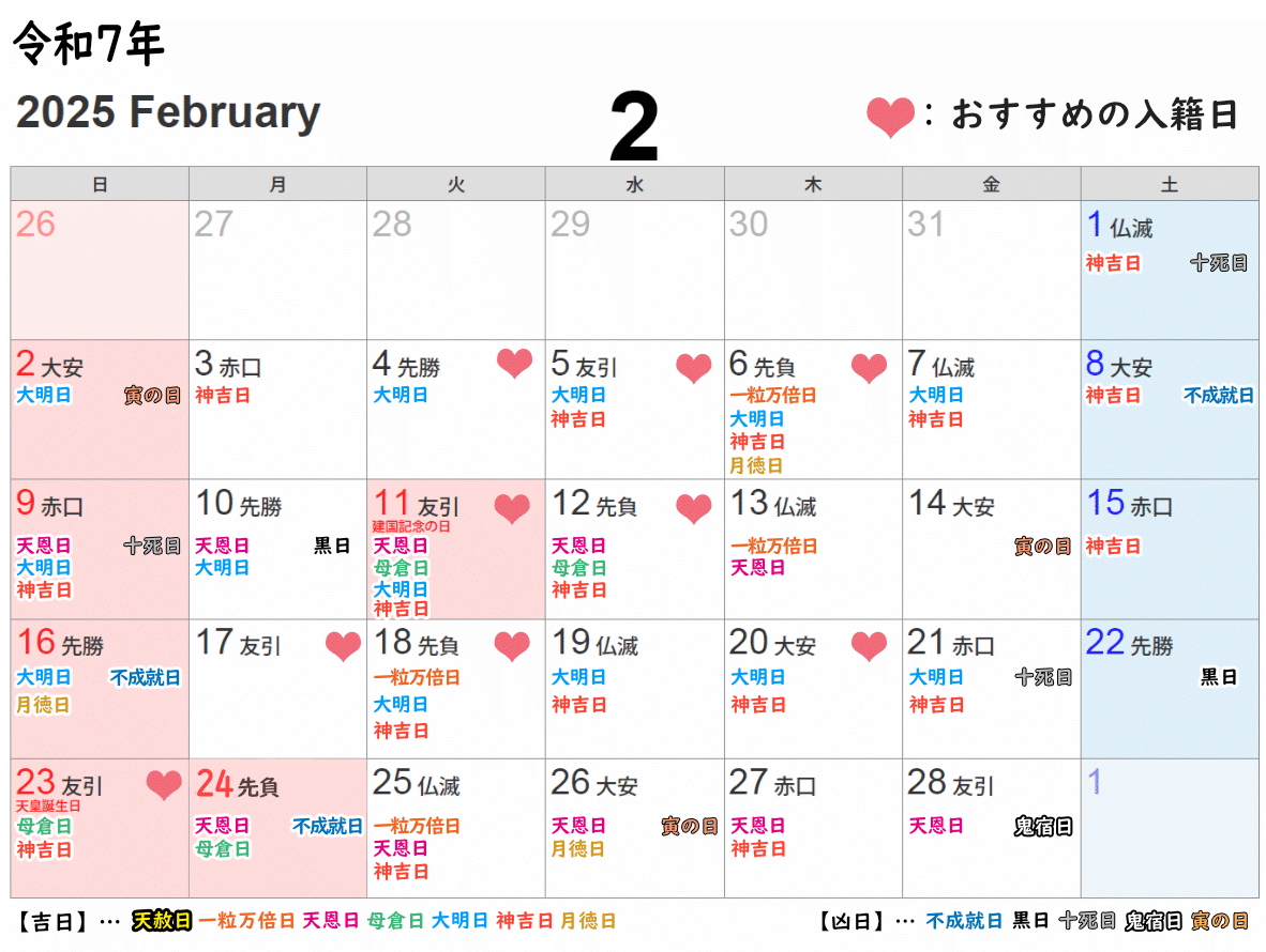  2025年2月の吉日・凶日カレンダー 