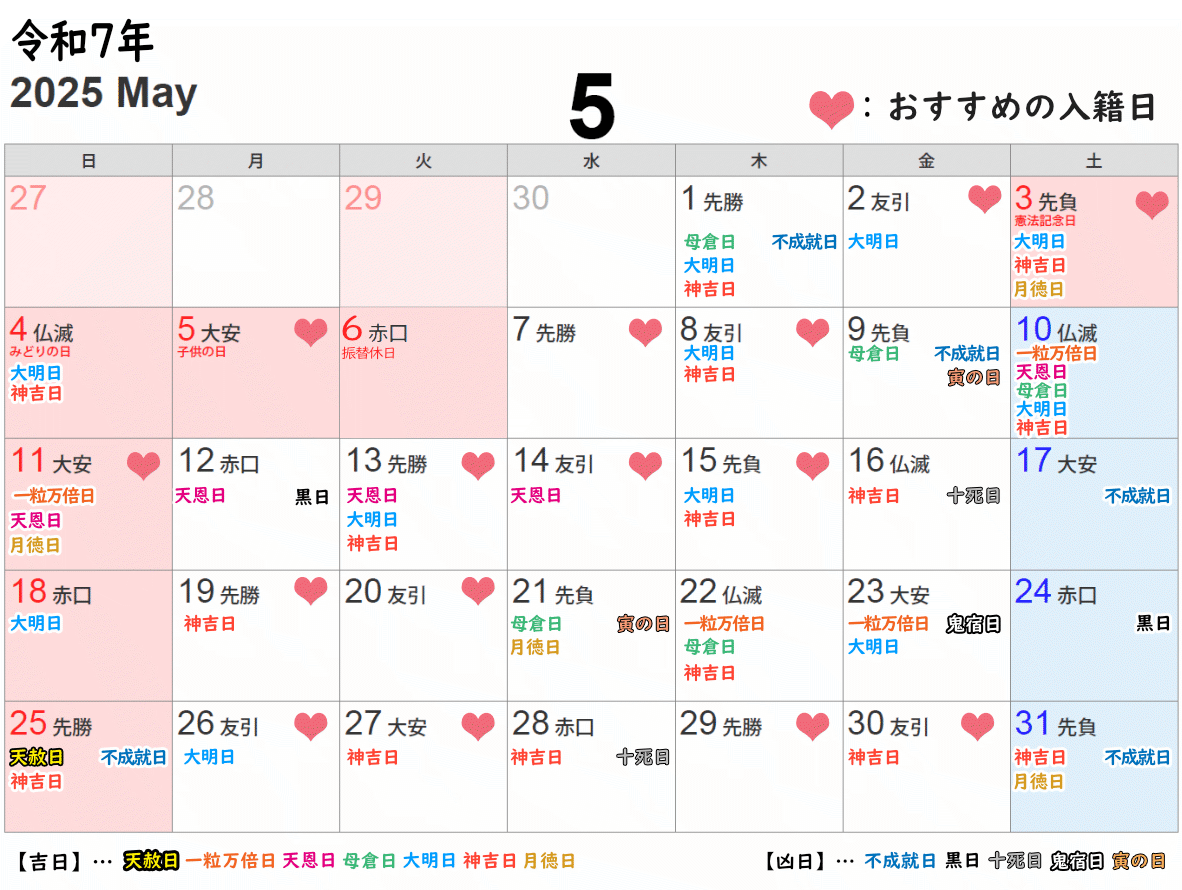 2025年5月の吉日・凶日カレンダー（入籍バージョン）