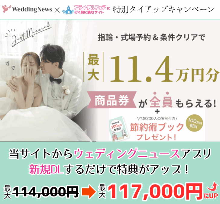 ウェディングニュースと当サイトのタイアップキャンペーン。当サイト経由でアプリDLで特典が3,000円分アップキャンペーン